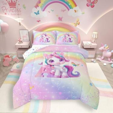 Imagem de Jogo de cama solteiro de unicórnio para meninas, arco-íris, rosa, unicórnio, galáxia, estrelas, gradiente, para decoração de quarto de princesa, kawaii, fofo, alfabeto, letra A, edredom