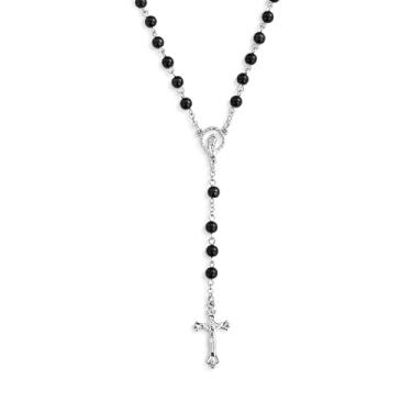 Imagem de DEMDACO Coleção Tender Blessings Colar clássico de contas pretas para oração, rosário católico durável com crucifixo prateado e medalha milagrosa, além de bolsa protetora | 45,7 cm
