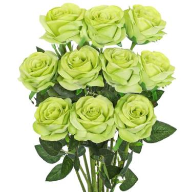 Imagem de MAFELOE Buquê de rosas de flores artificiais, 10 peças, arranjo floral para casamento, casa, escritório, decoração de hotel, verde