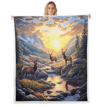 Imagem de Cobertor infantil caçador de cervos, cobertor de cama natural para meninos e meninas, cobertor de lã rústico para casa de fazenda de animais selvagens, cobertor felpudo marrom, tamanho queen (224 x