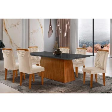 Imagem de Conjunto: Mesa de Cozinha Luna Tampo Madeirado c/ Vidro Canto Reto 180x90 e 6 Cadeiras Amsterdã Imbuia/Suede Creme - Rufato