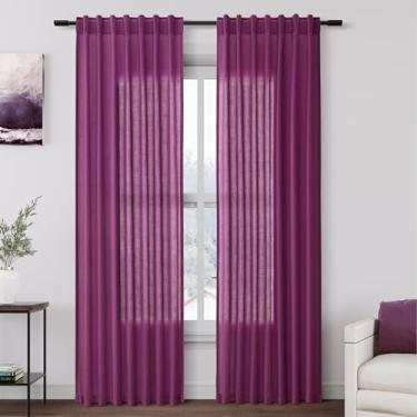 Imagem de Cortinas de linho roxo uva 203 cm de comprimento, conjunto de 2 painéis para sala de estar, bolso traseiro, aba traseira, filtro de luz, cortinas de janela para quarto, sala de jantar, proteger a