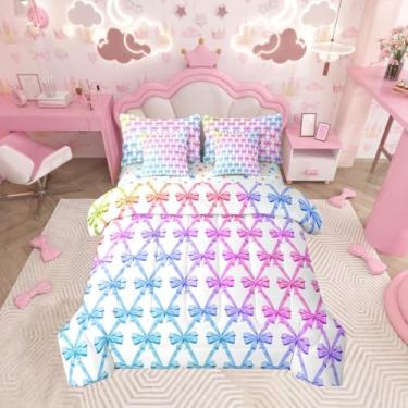 Imagem de Feelyou Jogo de cama solteiro com laço fofo, 7 peças, com laço de aquarela, inclui edredom, conjunto de lençol, fronhas, azul e rosa, laços respiráveis, decoração de quarto