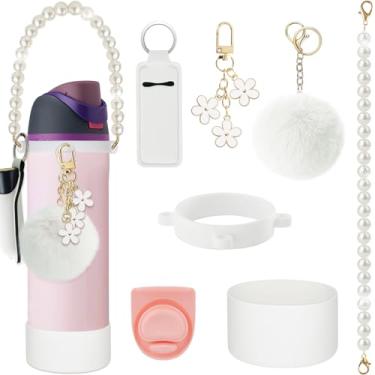 Imagem de Garrafa de água infantil para meninas Owala 680 g acessórios branco, bota de silicone 680 g, alça de garrafa de água de pérolas puras, decorações de substituição adequadas para Owala FreeSip & Tumbler