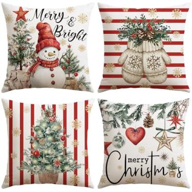 Imagem de OTOSTAR Conjunto de 4 capas de almofada Merry Christmas, 50 x 50 cm, luvas de boneco de neve alegre e brilhante, listradas, vermelhas, decorativas, capas de almofada de inverno para sofá