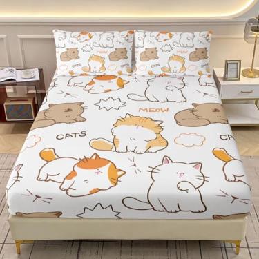 Imagem de AILONEN Jogo de lençol Queen com desenho kawaii de gato, desenho à mão, para meninos e meninas, lençol com elástico e 2 fronhas, 3 peças