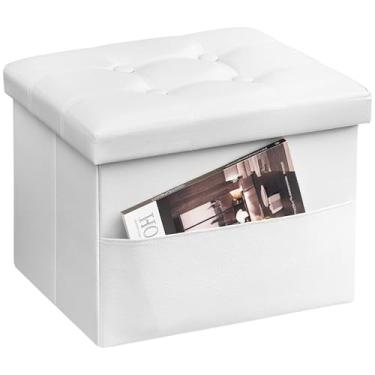 Imagem de AmasSmile Banqueta dobrável branca para descanso para os pés com bolso lateral, banco de couro de 41 cm, banco otomano curto, loja de descanso para os pés, livros