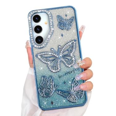 Imagem de Bonoma Capa com glitter para Samsung Galaxy S25 Plus, linda estampa de borboleta 3D, capa traseira macia com proteção para câmera para mulheres e meninas, azul