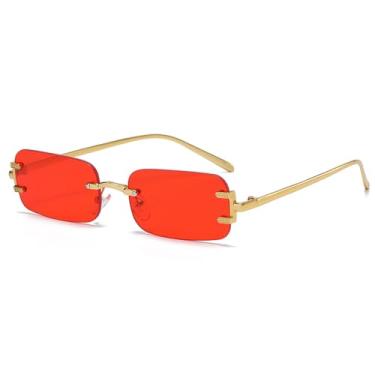 Imagem de Óculos de sol femininos sem aro, retangulares, retrô, com armação de metal, fashion, sem armação, vermelho, 138 mm