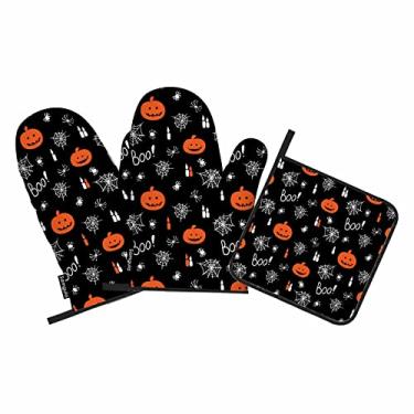 Imagem de Samgula Halloween Oven Mitts and Pot Holders Sets Jack Lantern Pumpkins Candles Spiders Boo Heat Resistant 3pcs for Cooking Baking BBQ