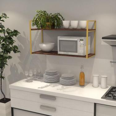 Imagem de Prateleira Industrial Parede ou Suspensa Dourada Aço e Madeira 50x40x8