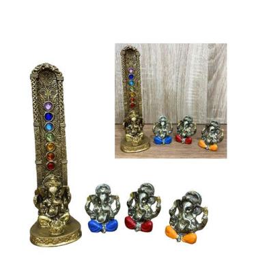 Imagem de Kit Porta Incenso Ganesha 7 Chakras + 3 Estátuas Resina Luxo - Mundo C