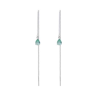 Imagem de Brinco Fio Passante Longo Pedra Verde Agua Banhado Prata 925 - Papillo