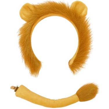 Imagem de HATINXIA Conjunto de 5 peças de fantasia de leão para adultos, homens e mulheres, faixa de cabeça com orelhas de leão, cauda peluda, luvas de pata para fantasia de Halloween, cosplay, 2 peças - ouro