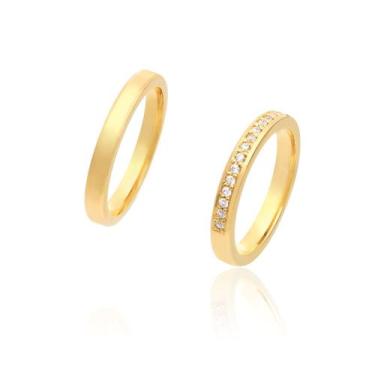 Imagem de Par de Alianças de Casamento Afrodite Ouro 18k Reta com Zirconias embu