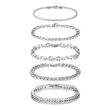 Imagem de Personalized Master Pulseira de corrente cruzada masculina de aço inoxidável, conjunto de pulseira fígaro de prata resistente ajustável para homens, 2-5 peças, one size, Aço inoxidável, Sem Pedra