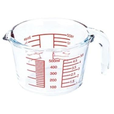 Imagem de Jarra Medidora de Vidro 500ml com Alça e Bico – Copo Medidas Resistente e Higiênico, Escala Vermelha Precisa, Tamanho 8,8 x 13,5 cm, Resistente a Temperaturas