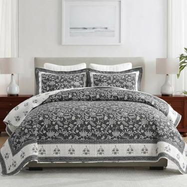 Imagem de CozyStitch Conjunto de cama Queen 100% algodão 228,6 cm x 248,9 cm, leve Queen Size com 2 fronhas, colcha acolchoada Vine Farmhouse, conjunto de edredom reversível para todas as estações, carvão/bege