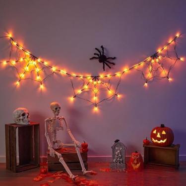 Imagem de Cordão de luzes de teia de aranha de Halloween, 60 LEDs laranja e roxo, 8 modos de iluminação com temporizador, alimentado por bateria/USB, interior e exterior (laranja, alimentado por USB)