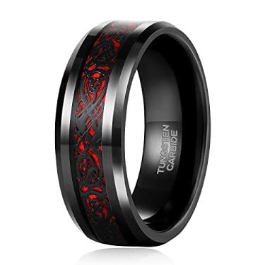 Imagem de TRUMIUM Anel de tungstênio de 8 mm para homens com dragão celta incrustado vermelho/verde alianças de casamento masculinas ajuste confortável tamanho 7-13