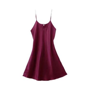Imagem de Camisola Feminina Sexy De Seda E Cetim Com Decote Em V, Sem Mangas, Pa