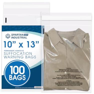 Imagem de SPARTAN INDUSTRIAL - Sacos de Polietileno Transparentes Autovedantes de 10” X 13” (100 Unidades) com Aviso de Sufocamento para Embalagens, Camisetas E Remessa - Cola Reselável