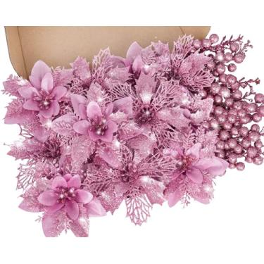 Imagem de RICHMYC Flores de Natal com glitter artificial, 24 peças, flores de poinsétia, bagas, decoração de árvore de Natal, decoração de guirlanda de Natal, rosa