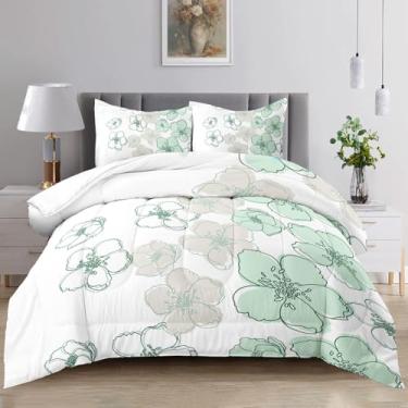 Imagem de Raphus cucullatus Conjunto de edredom floral, tamanho Queen, flores verdes, botânico, bonito, floral, tamanho Queen