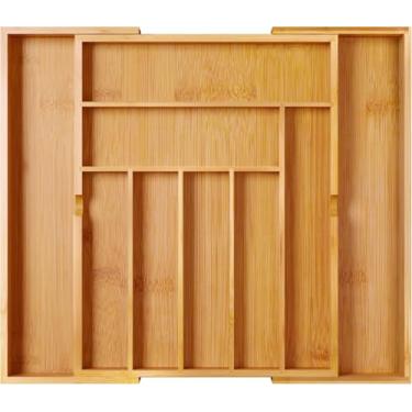 Imagem de Organizador de gaveta BAMEOS Utensil, organizador de gaveta de mesa de talheres de prata, organizador de gaveta de cozinha, 100% puro bambu expansível, cortador ajustável em cor natural, 22 inch, 1