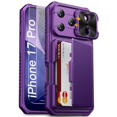 Imagem de Vihibii Capa para iPhone Pro com [2 protetores de tela], suporte de cartão embutido (4 cartões), [bloqueio RFID] e capa de câmera deslizante e películas de vidro temperado, capa carteira robusta para