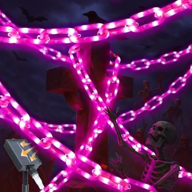 Imagem de Cordão de luz solar para decoração de Halloween, 3 m, 200 luzes de corrente roxa LED. IP44 impermeável, 8 modos de iluminação. Perfeito para acessórios de fantasia de terror, pátios de casas
