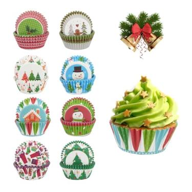 Imagem de 400 peças de forros de cupcake de Natal, mini forros de muffin, copos de doces, copos de cozimento, copo de férias de grau alimentício, embalagens de papel para bolos de Natal, decorações de Natal