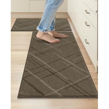 Imagem de COSY HOMEER Tapetes de cozinha, 2 peças de tapete de cozinha antiderrapante, lavável, tapetes absorventes para piso de cozinha, tapete de pia de cozinha de poliéster 51 x 81 cm + 51 x 122 cm (marrom)