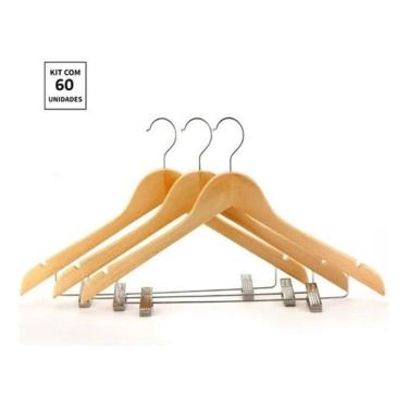 Imagem de Kit 60X Cabides De Madeira Com Presilha Verniz Marfim Roupa