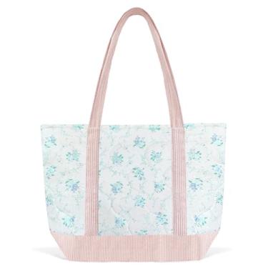 Imagem de Sunwel Fashion Bolsa feminina acolchoada floral grande com zíper para trabalho, viagem, academia, compras, praia, Rosa/azul