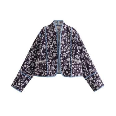 Imagem de Jaqueta feminina OPCAKM recortada com estampa floral acolchoada preta
