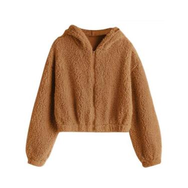 Imagem de Jaqueta feminina ZAFUL com capuz e zíper Faux Shearling Fluffy