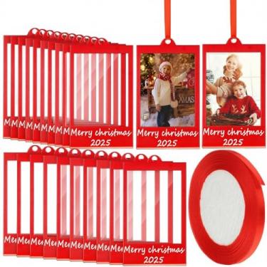 Imagem de Vercraft 24 molduras de acrílico de Natal 2025, moldura para fotos de 5,8 x 7,6 cm com fita de cetim vermelha, moldura dupla face, enfeites de pendurar para árvore de Natal (vermelho)