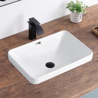 Imagem de KDKSC Pia de vaso de banheiro 55 cm x 36 cm pia de banheiro semi embutida pia de banheiro retangular com vazamento pia de vaso de cerâmica branca para banheiro pia moderna acima do balcão