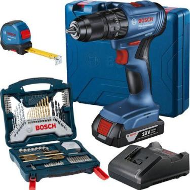 Imagem de Furadeira Impacto Bosch Gsb 185 Li E 1 Bateria Kit 70 Peças Azul