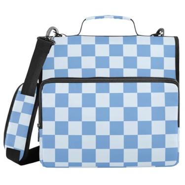 Imagem de Fichário de 3 anéis com zíper com alça de ombro xadrez azul xadrez búfalo branco de 3,8 cm para fichários de grande capacidade, vários bolsos para material de escritório escolar