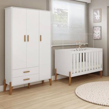 Imagem de Quarto de Bebê com Guarda-roupa e Berço Mini Cama 100% Mdf Retrô Acetinado atóxico Liris Branco