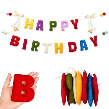 Imagem de Hahafelt Faixa Silly Goose - Decoração de feliz aniversário menino menina tecido letras pré-amarradas banner e bola de feltro guirlanda decoração azul decoração reutilizável 3D chá de bebê decorações