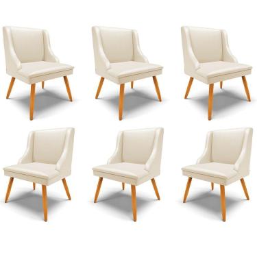 Imagem de Kit 6 Cadeiras Decorativas Sala De Jantar Pés Palito De Madeira Firenze Pu Bege/natural G19 - Gran Belo