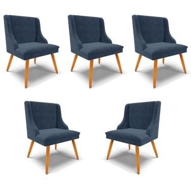 Imagem de Kit 5 Cadeiras Decorativas Sala De Jantar Pés Palito De Madeira Firenze Suede Azul Marinho/natural G19 - Gran Belo