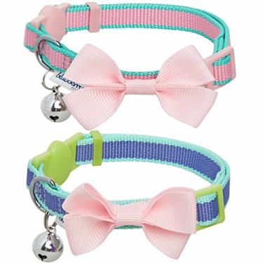 Imagem de Blueberry Pet Pacote com 2 coleiras para gatos, coleira clássica ajustável lisa com sino e gravata borboleta, jardim lilás, pescoço 22,8 cm a 33 cm