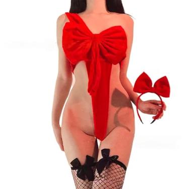 Imagem de Lingerie de Natal sexy feminina com laço grande, fantasia de coelhinho do Dia dos Namorados