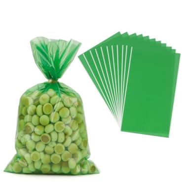 Imagem de Sacos de guloseimas de celofane verde, 100 peças, sacos de doces verdes transparentes, 15 x 23 cm, saco de presente para petiscos, presente e laços torcidos para Natal, casamentos, festas de