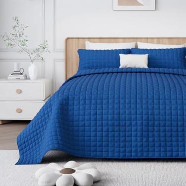 Imagem de WSOFRLAC Conjunto de colcha tamanho Queen, conjunto de edredom de veludo luxuoso com fronhas, colcha macia e leve para todas as estações, azul marinho