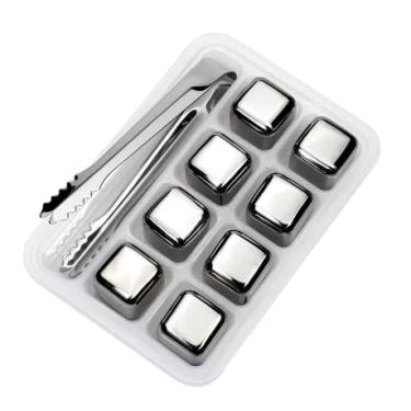 Imagem de Gelo Artificial Reutilizável Cubos de Gelo Kit 8 Cubos em Aço Inox Com Bandeja Com Tampa e Pegador de Gelo Kit Whisky Bourbon Vinho Drinks Bebida Gelada Não Altera Sabor